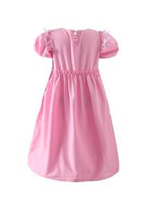 Girls' Simple Cute Fashion Round Neck Puff Sleeve High Waist Frill Bow Solid Color Midi Dress For Summer - Pink - View 2