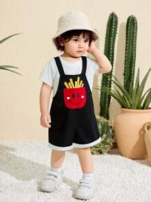 SHEIN Casual Sports Cute & French Fries Pattern Drop Shoulder Loose Knitted Romper Suitable For Baby Boys And Baby Girls, Spring/Summer Wear, Indoor And Outdoor