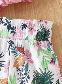 2pcs/Set Baby Girls Spaghetti Strap Princess Ruffle Sleeve Top And Elastic Waist Floral Printed Shorts Set, Comfortable & Stylish Fashion For Spring, Summer, Autumn, Suitable For Casual & Outdoor