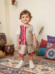 SHEIN 2 conjuntos para bebé niño, tema festivo de Ramadán, conjunto de chaleco sin mangas con estampado colorido y pantalones cortos, apropiado para uso casual, juegos al aire libre, escuela, vacaciones - Lindo, ideal para tiempo libre familiar, deportes y reuniones