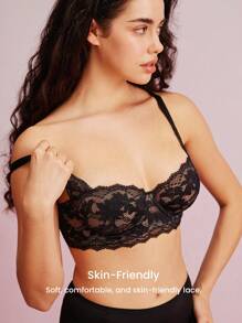 LUVLETTE 女士内衣休闲曲线半罩杯聚拢透气钢圈性感无衬里黑色蕾丝优雅网眼迷你文胸新娘内衣