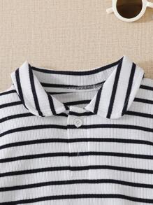 SHEIN Baby Girls' Fashionable Short Sleeve Striped Bodysuit, Summer Style - Multicolor - View 3
