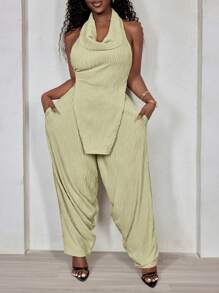 BamGleam 日常休闲度假女装洋气复古质感女装套装性感露背挂脖摆领不对称下摆上衣+宽松休闲哈伦裤女两件套 - 淺灰色 - 查看 1