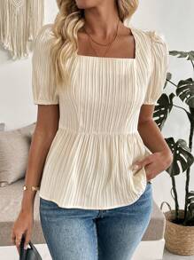 SHEIN LUNE Women Elegant Square Neck Solid Color Wave Tie Bow Contrast Color Short Sleeve Fitted Blouse - Apricot - View 2