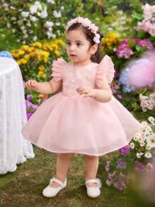 SHEIN Baby Girl Summer Cute & Elegant Mesh Cap Sleeve Dress - Pink - View 3