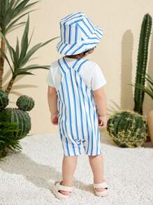 SHEIN 2pcs/Set Baby Boy Casual Cute Striped Jumpsuit With Hat Clothes, Suitable For Spring/Summer Home & Outdoor Wear
