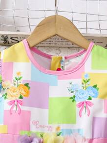Vestido con estampado floral, cuello redondo y manga corta para niñas jóvenes y lindas