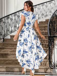 SHEIN Belle Vestido informal de talla grande con cuello en V, nudo delantero, estampado completo y bajo asimétrico, perfecto para el verano - Azul - Ver 2
