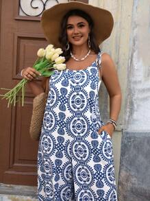 SHEIN VCAY VCAY Plus Size Boho Retro Print Sleeveless Jumpsuit, Vacation Retro Style Vacation Outfits Woman Summer Outfits For Women Valentine's Day Spring Outfits For Women Tropical Vacation Woman Festival
