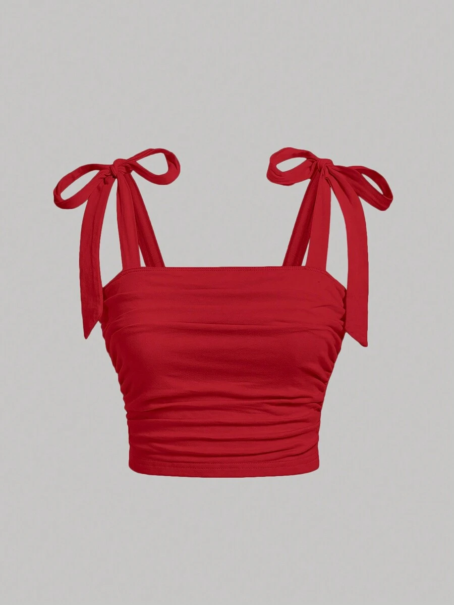 SHEIN Girlism Tween Girl Elegant Solid Red Fitted Sweet Bow-Knot Tie Shoulder Side Ruched Cami Top, Valentine's Day Mommy And Me - Red - View 1