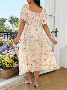 SHEIN CURVE+ Plus Size Summer Off Shoulder Waist Ruched Romantic A-Line Dress - Multicolor - View 2
