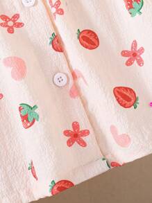 Young Girl' Apricot Cute Strawberry Heart Print Bubble Fabric Short Sleeve Top And Pants Home Outfit Set