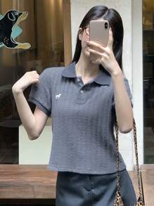 DAZY Women Casual Front Button Short Sleeve Embroidered Blouse