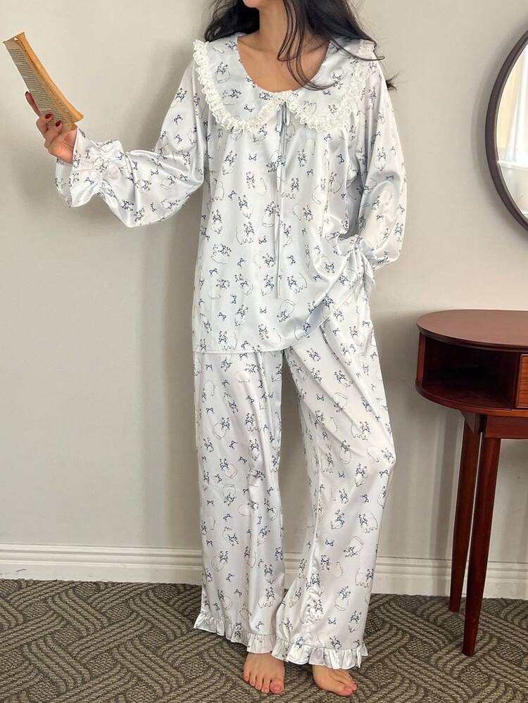 Charming Satin Allover Cat & Peter Pan Collar Ruffle Trim Pajama Set