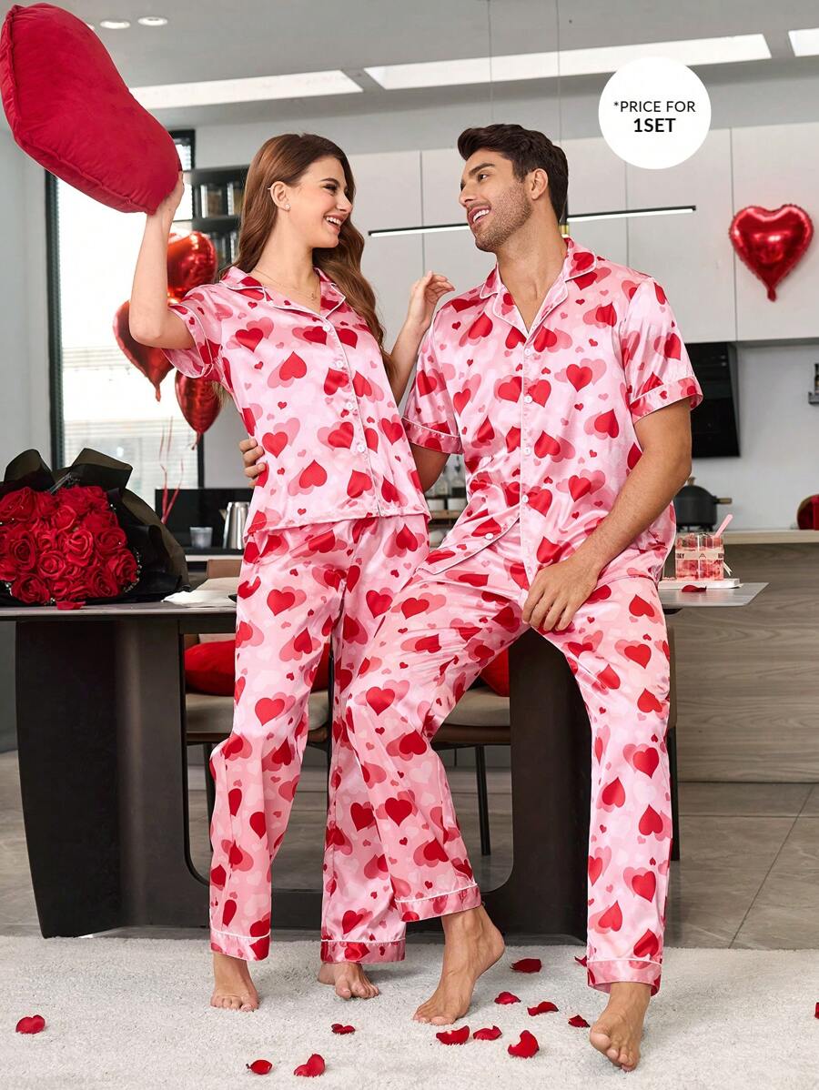 Men's Heart Print Pajama Set, Boyfriend Gift - Pink - View 1