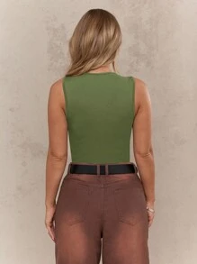 MISSGUIDED Body sin mangas acanalado de cuello alto, maillot básico para actividades, danza, yoga, entrenamiento, ajuste ceñido, para verano y primavera - Verde militar - Ver 2