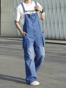 Manfinity Hypemode Pantalones de peto vaqueros casuales de pierna ancha y bolsillo para hombre, corte holgado