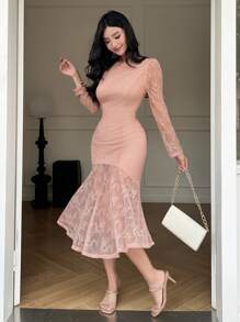 xheDAZY Vestido de mujer de longitud media con estampado floral, cuello redondo, mangas abultadas y falda de sirena, adecuado para vacaciones, citas y salidas nocturnas, vestido largo de manga larga para otoñoxhe - Albaricoque - Ver 7