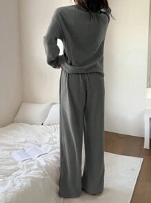 DAZY Simple Stripe Texture Flannel Spring Women Pajama Sets Fall,Winter Clothes