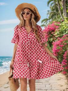 SHEIN VCAY Vacation Woven Plunging V-Neck Loose Mini Dress For Women,Vacation Outfit,Summer Outfits For Women - Pink - View 6