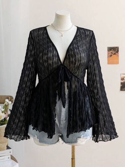 Soleia Plus Size Women's Apricot Textured Knit Mesh Open Front Tie Waist Flare Sleeve Blouse