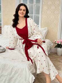 CottageSlumber Conjunto de camisola y bata de dormir de talla grande con bloque de color e impresión de cerezas, perfecto para vacaciones