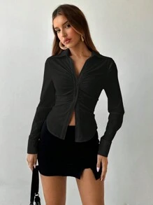 Aloruh 女士秋冬新款办公室通勤休闲尖头下摆胸褶立领单排扣前开合身长袖白色衬衫 - 黑色 - 查看 4