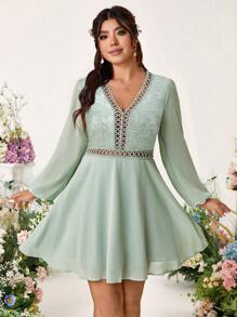Allurite Lace Hollow Textured Fabric Splice V-Neck Dress, Wedding