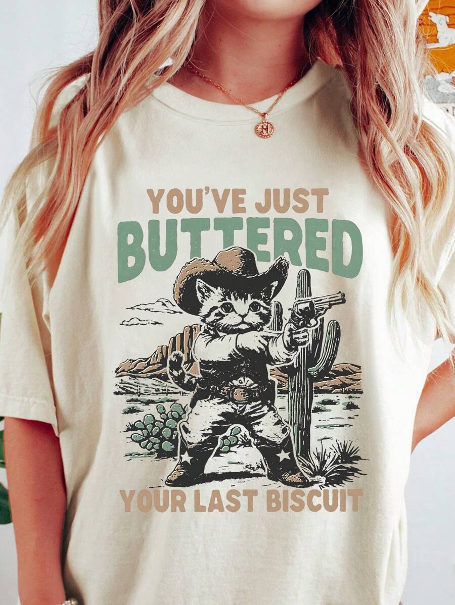 INAWLY 大码女式夏季口号猫印花圆领短袖休闲 T 恤