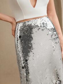 Anewsta 女士银色亮片长款时尚夏季紧身鱼尾裙