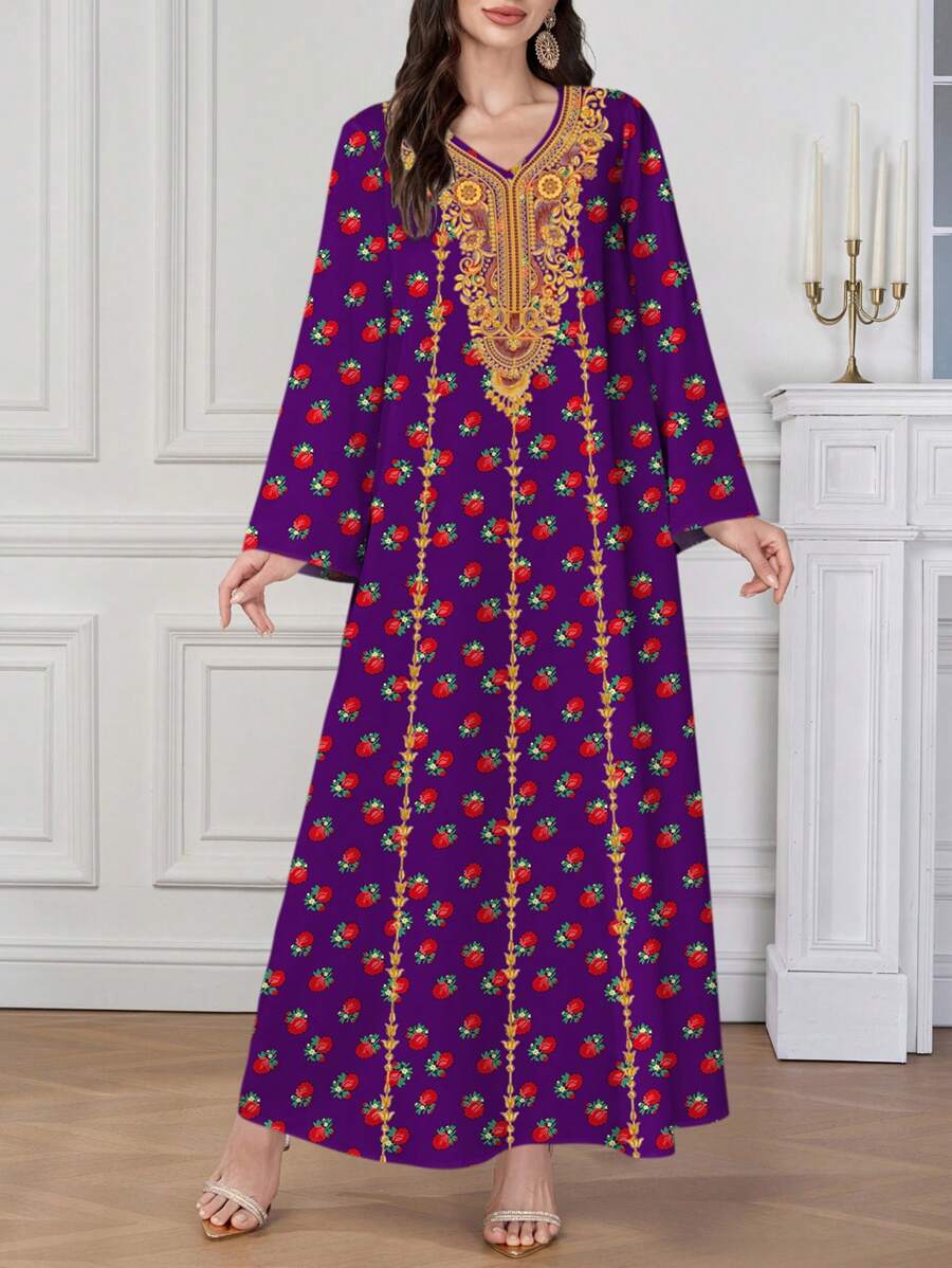 Al Najma 女士斋月复古印花 V 领长袖连衣裙 - 紫色 - 查看 1