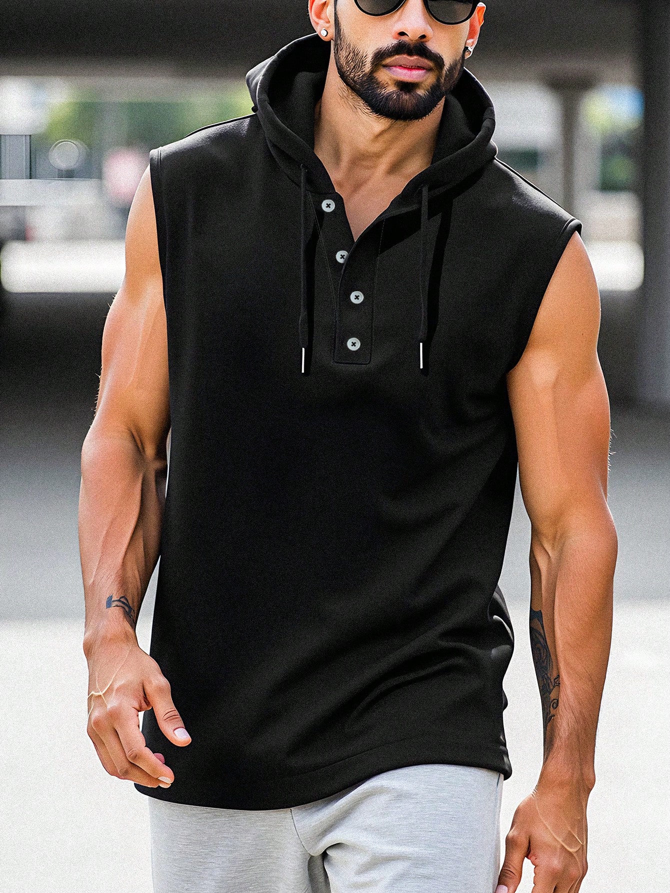 Manfinity Dauomo Men's Solid Color Button Up Sleeveless Casual Hoodie