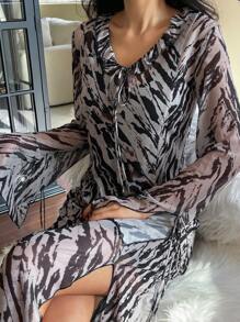 DAZY بلوزة نسائية ماكسي مع فتحة جانبية وأكمام طويلة بوشاح رقبة وربطة عنق علي طراز خطوط الزيبرا للصيف والعطلات