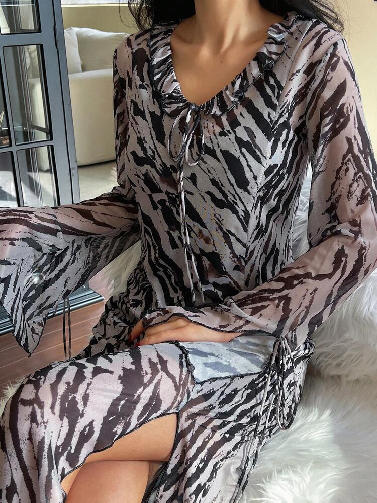 Zebra Stripe Ruffle Trim Long Sleeve Maxi Slit Tie-Up Bow Summer Vacation Blouse For Women