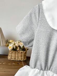 SHEIN Vestido de princesa de verano para niñas jóvenes con cuello Peter Pan, unicolor, estilo minimalista y con falda de parches tipo pastel - Blanco - Ver 4