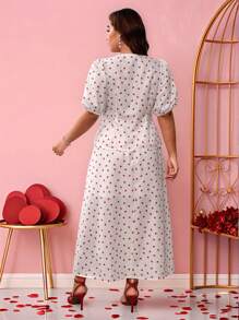 Franclia Plus Size Red Heart Pattern V-Neck Tie Waist Blouse And A-Line Long Skirt Set, Valentine's Day