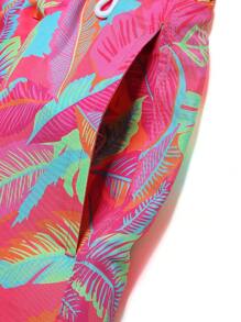 Manfinity KASUA Men's Tropical Plant Print Drawstring Waist Beach Shorts Men Swim Trunks,Hawaiian - Hot Pink - View 5