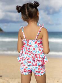 SHEIN Young Girls Flower Print Spaghetti Strap Tied-Front Top And Bottom Swimwear 2 Pieces Set