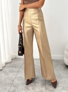 RueChic Gold Coated Pintuck Detailed Gold Pants - Gold - View 1