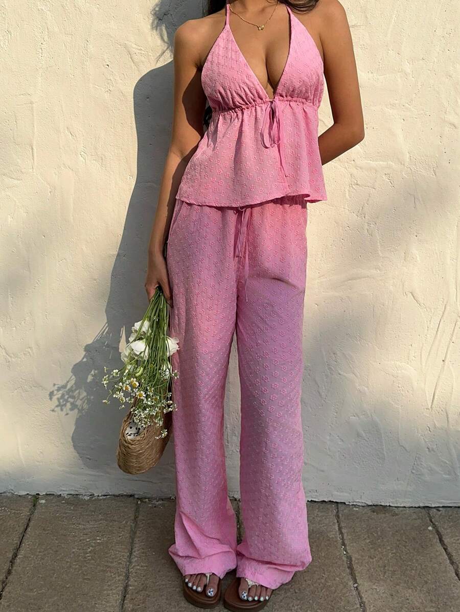 Sunnyshic Embroidered Spaghetti Strap Top & Loose Pants Beach Set, For Vacation - Pink - View 1
