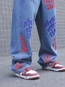 Manfinity Roghcode Men's Casual Letter Print Pocket Jeans, Simple And Comfortable For Daily Wear - Medium Wash - View 8