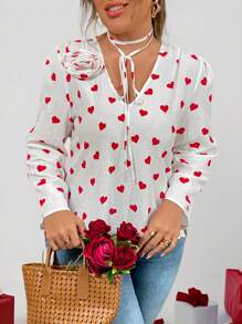 Flirla Áo cánh tay dài in hình trái tim lãng mạn cỡ lớn ngày lễ tình nhân đính đinh tán cao thấp xẻ tà phía trước - trắng - Xem 4