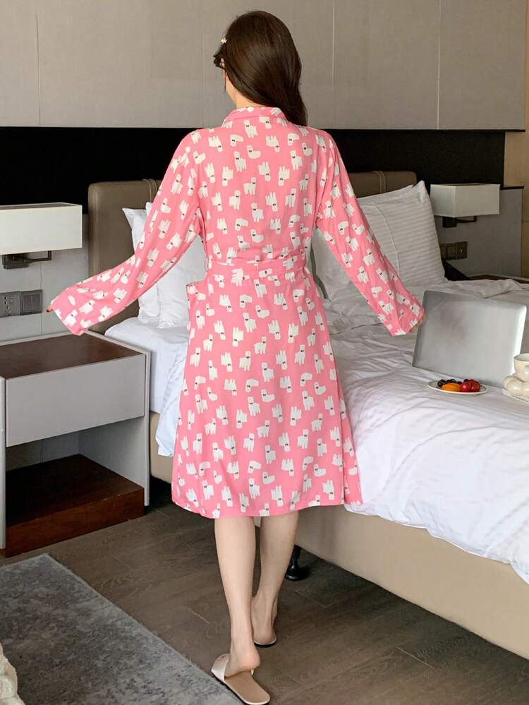 Cartoon Allover Print Loose Fit Ladies Robe Pajama