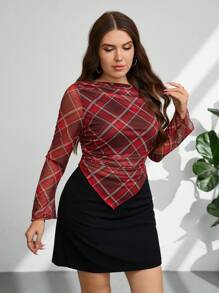 SHEIN Privé 秋冬新款女士优雅设计扎染渐变印花不对称下摆露肩长袖 T 恤 - 彩色 - 查看 5