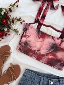 Soleia Vacation Women's Retro Floral Print Gathered Shoulder Tie Bowknot Cropped Tank Top,Valentine's Day,Summer For Women,Beach For Woman,Mardi Gras,Western Wear Woman,Birthday For Women,Crop Top Woman