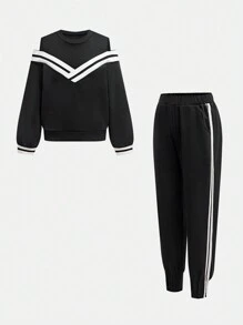 Tween 女童拼色条纹露肩运动衫和运动裤运动服套装 - 黑色 - 查看 4