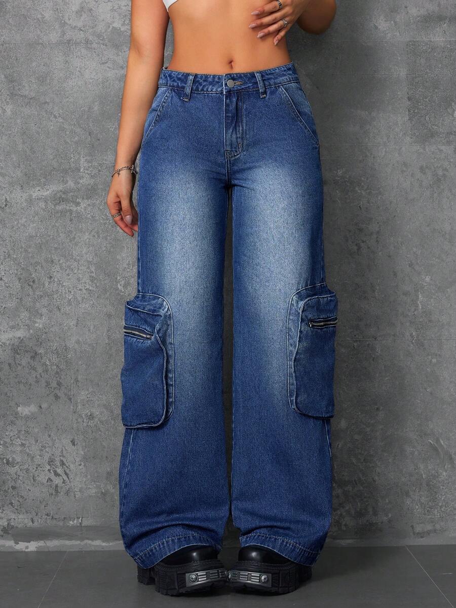 SHEIN ICON 女士低腰美式工装直筒牛仔裤 - 深色水洗藍 - 查看 1