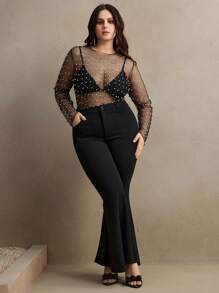 Anewsta Transparent Mesh Women's Plus Size Long Sleeved Summer Rhinestone Faux Pearl Top Spring For Women - Black - View 3