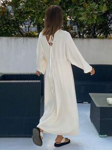DAZY Knitted Casual Twist Design Loose Long Dress Loungewear Pajama - Beige - View 6