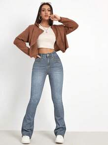 SHEIN EZwear Casual Washed High-Waist Slim-Fit Denim Jeans - Dusty Blue - View 4